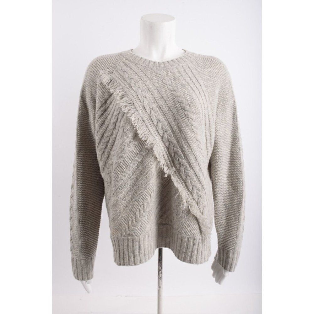 Madewell Womans Fringe Sweater Size M Light Gray Cable Knit Merino Wool